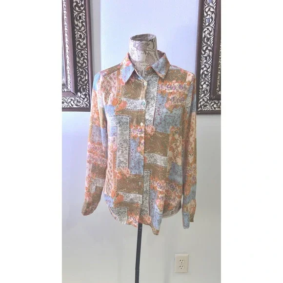 Vintage Patchwork Floral Paisley Button Up Shirt Long Sleeve Collared Blouse Top - Picture 7 of 9
